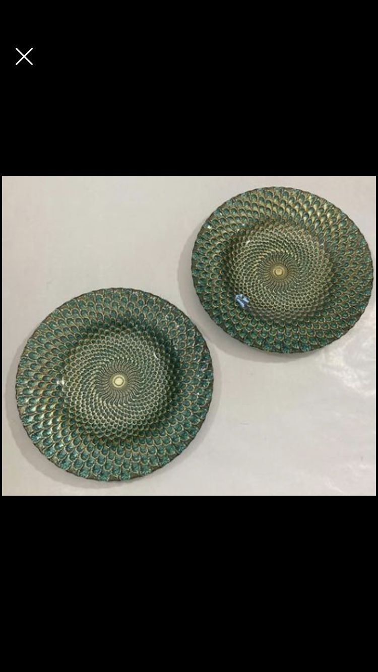 2 Peacock Feathers Glass Decorative Plate 8-1/4 In Across Gold & Teal Plate