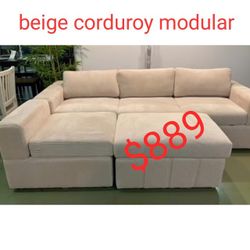 Beige corduroy modular sectional sofa with ottoman  // Limited Time Offer 