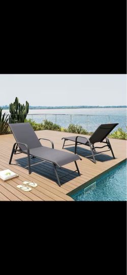 All-Weather Aluminum 2-Piece Outdoor Chaise Lounge with 6-Position Adjustable Metal Backrest and Armrests in Gray