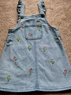 Girls Denim Overall Dress with Floral Embroidery Size 5T