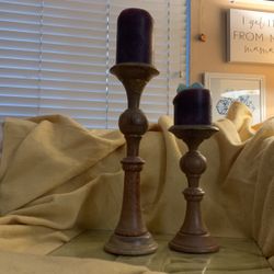 Pair Wooden Candle Holders 12” & 18”