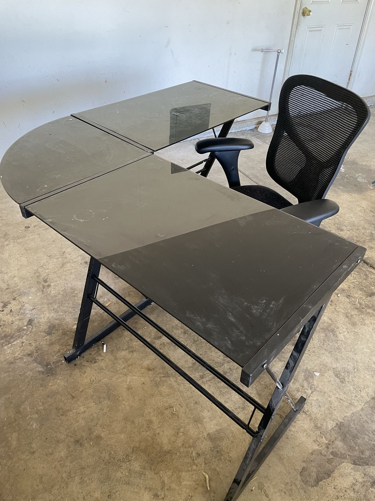 Glass top corner desk with office chair