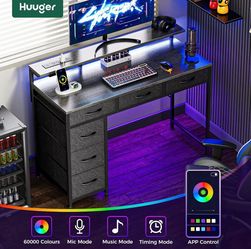Gaming Desk with 6 Drawers, Computer Desk with LED Lights Power Outlets and Type-C, 39 Inch Office Desk with Storage, Monitor Stand, Writing & Work De