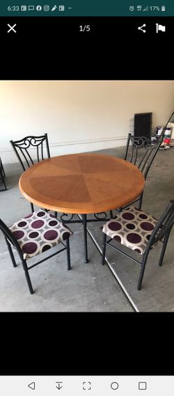 Wooden top round kitchen table with 4 newly reupholstered chsirs