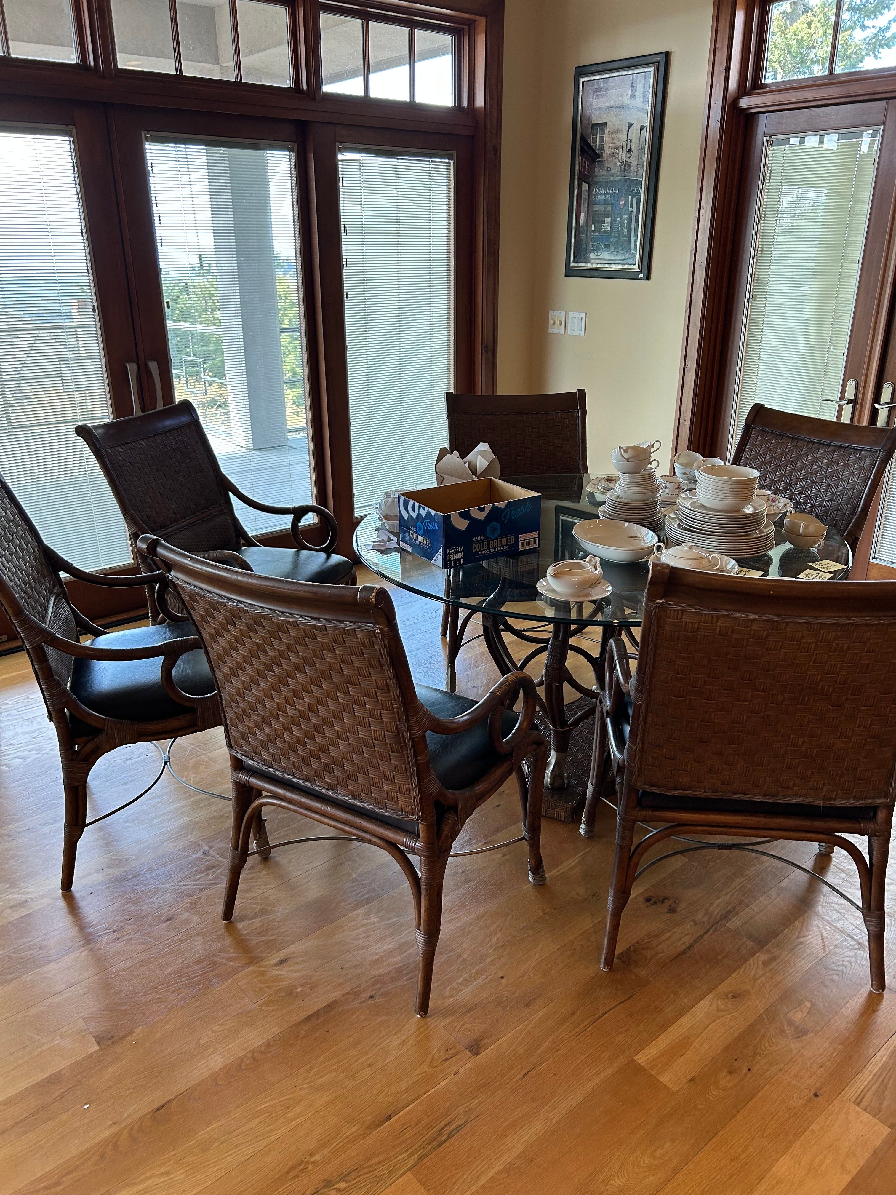 Hollywood Regency Glass and Metal And Rattan Table and 6 Chairs