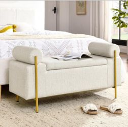 Modern Bouclé Storage Bench with Gold Legs – Cream/White – 44"