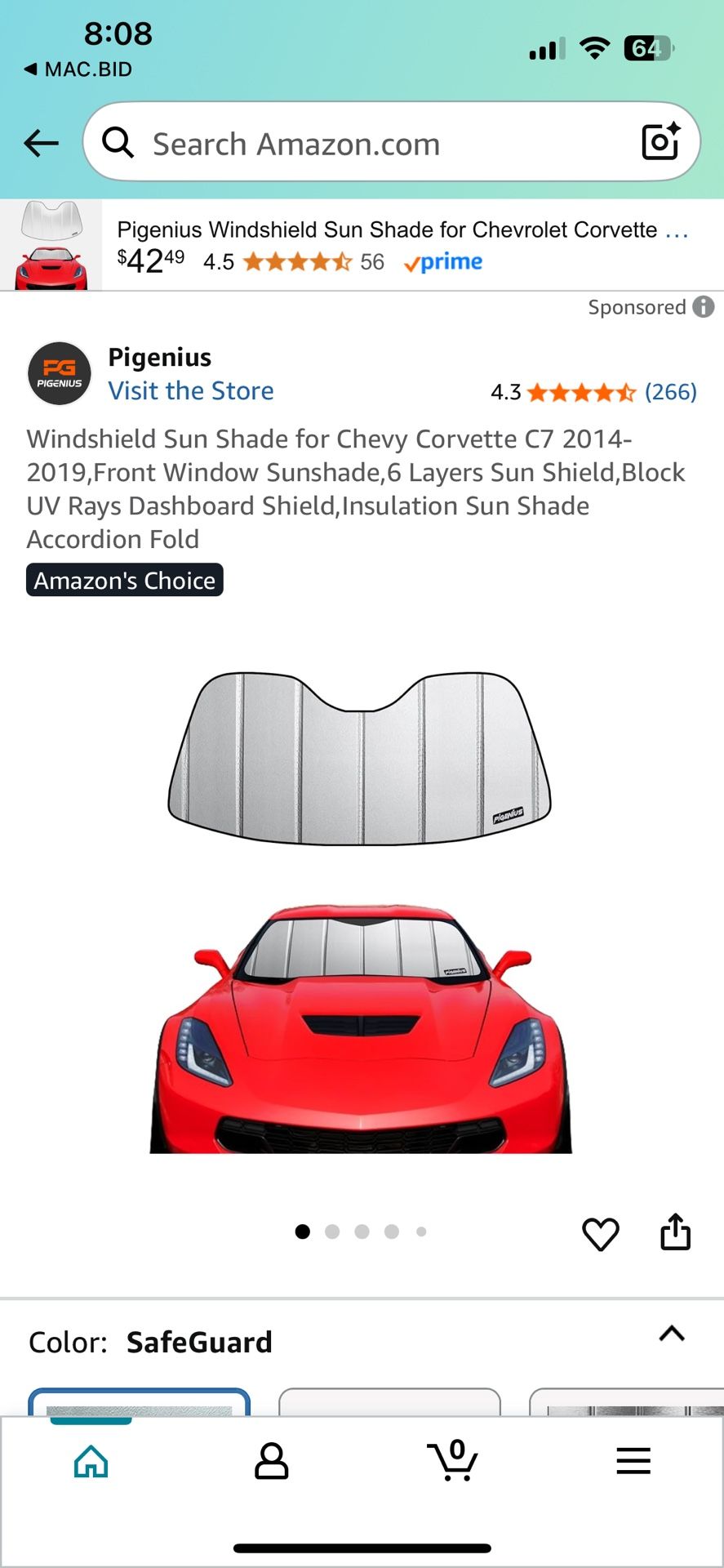 Windshield Sun Shade Pigenius For Chevy Corvette C7 2014-2019