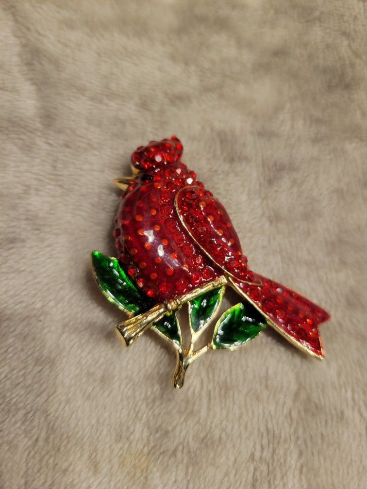 Red Cardinal brooch sparkling rhinestone
