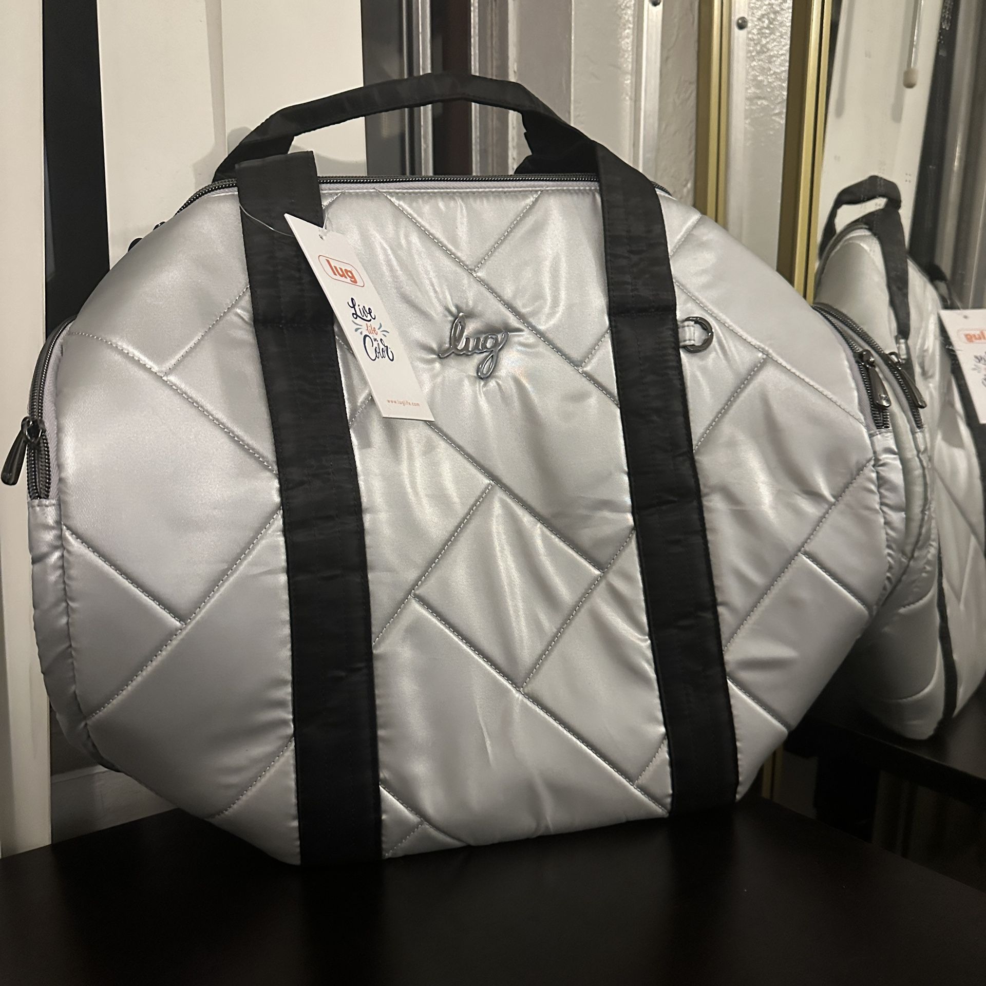 LUG ROWBOAT Duffle Travel Bag Metallic Silver Black NEW NWT