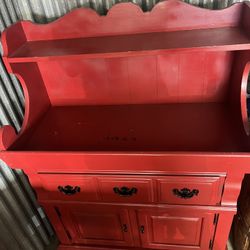 Red Wood Hutch Cabinet With Drawer And Storage 