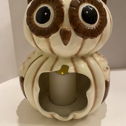 Large ceramic owl faux candle holder. Fall decor. MCM / cottage. 12x9.5 inches. Good condition.