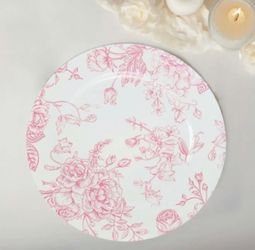 Acrylic Charger Plates 13" Round White with Pink Floral French Toile Pattern