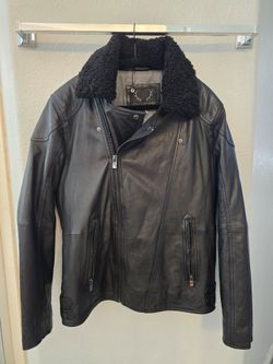 Bod & Christensen Men’s Black Leather Moto Jacket with Removable Fur Collar - Size M