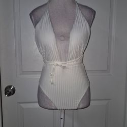 Off White Ribbed Deep V  Swimwear MEDIUM