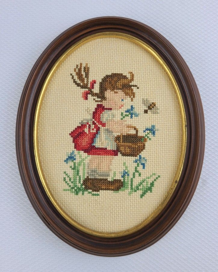 Vintage HUMMEL GIRL w/PONYTAIL and RED DRESS Cross Stitch Framed Art
