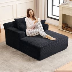 Oversized Chaise Longue Chair Indoor, Modern Upholstered Corduroy Deep Seat Sofa Bed with Throw Pillows and Armrests, Sleeper Sofa Couch for Living Ro