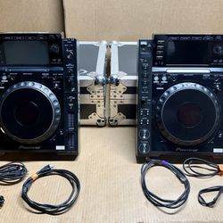 (2) CDJ-2000 DJ turntables with cables and Odyssey road cases