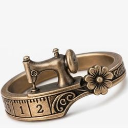 New! Vtg Sewing Machine Bronze Finish Ring w Tape Measure & Flower Detail w Gift Box & Bag