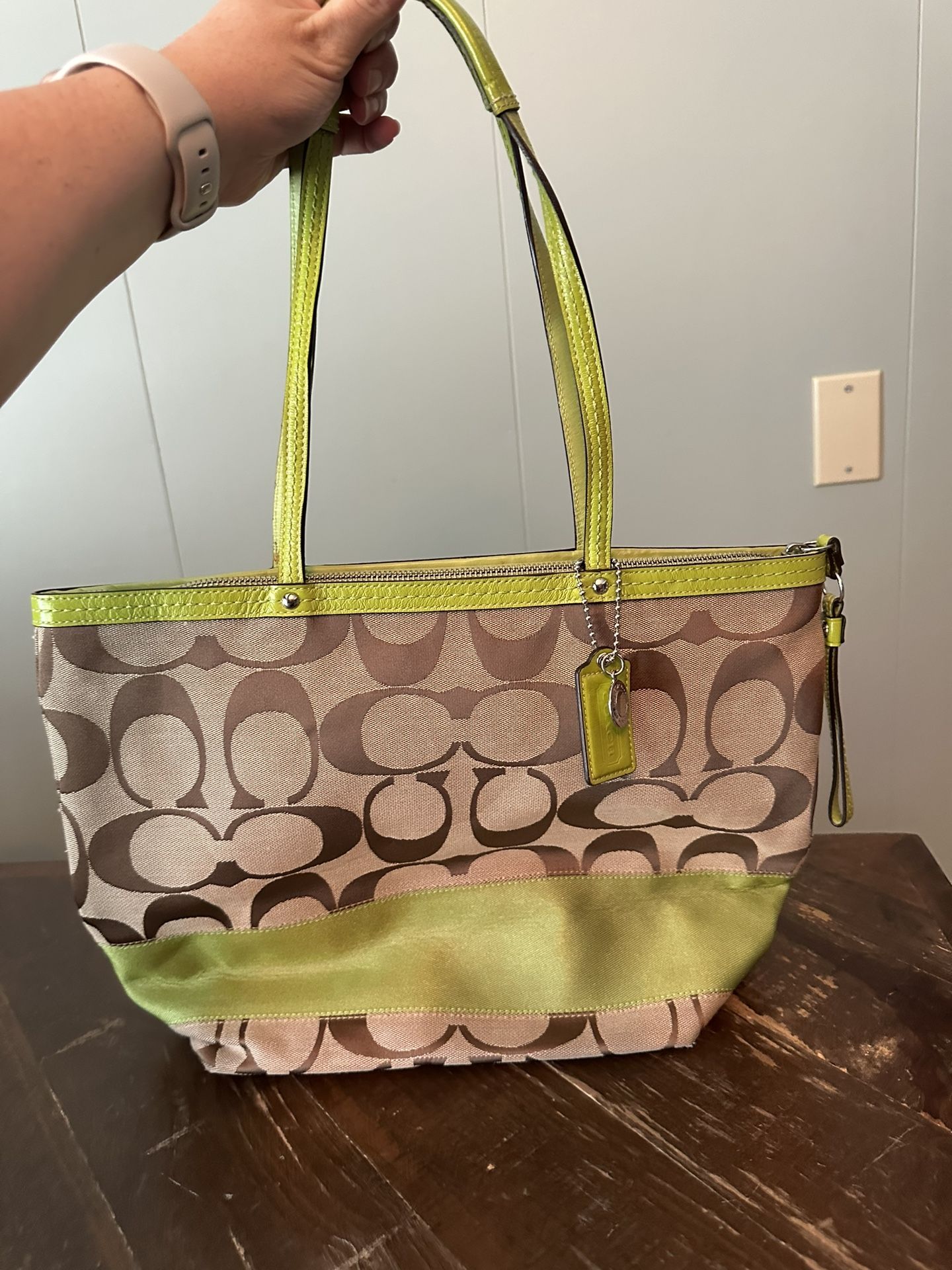COACH Signature Shoulder Bag with Green Stripe