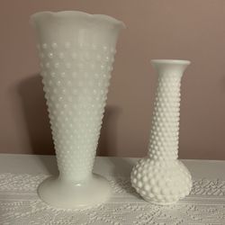 Vintage Anchor Hocking White Milk Glass Hobnail Vases