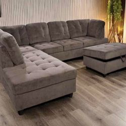 COSTCO Brown Chenille Sectional Couch And Ottoman