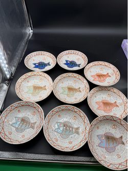 Vintage Utsuma Japan Fish  Colorful Art Pottery Bowls