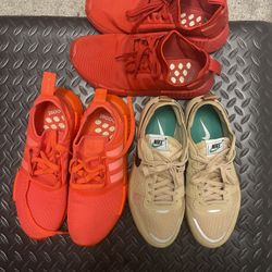 3 used pairs of shoes size 9 and 9.5 adidas triple solar red, Nike city brownstone, and adidas red. Located in largo