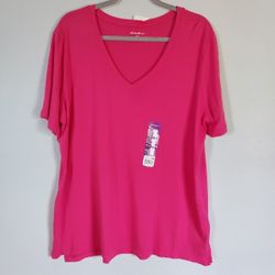 Eddie Bauer Tunic Tee Shirt Womens Size XXL Flamingo Pink V Neck Cotton NEW