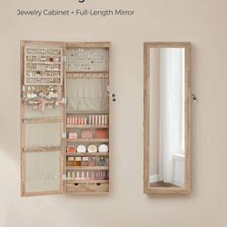 Tall Lockable Wall or Door Mounted Jewelry Cabinet Armoire Organizer with 6 LEDs Mirror