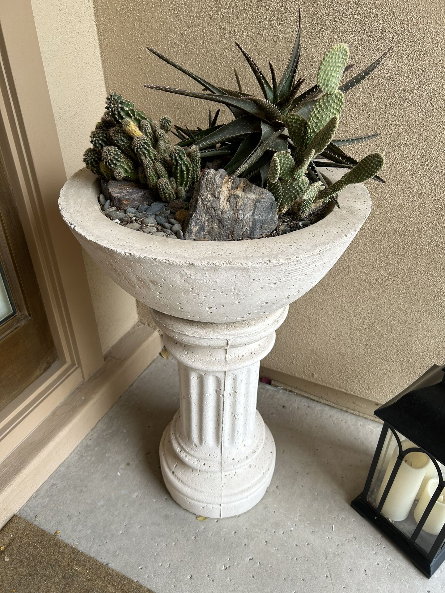 Outdoor Plant Pot And Concrete Pedestal With Cacti And Succulents 