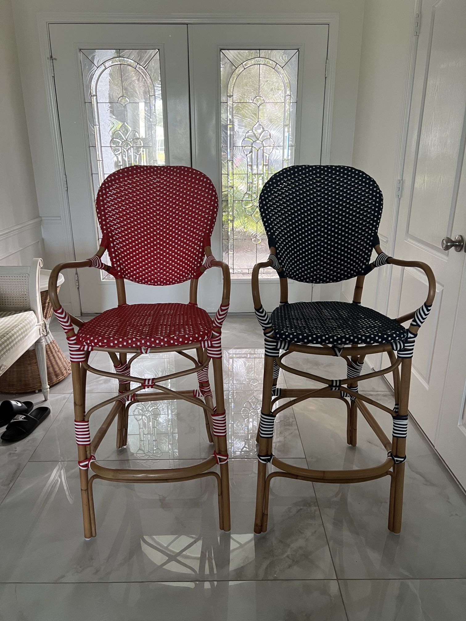 Two French style bar Stools Blue/Red 