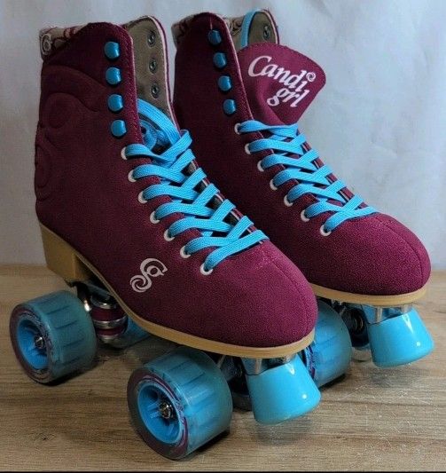 Candi Girl Quad Roller Skates Pink Suede Boot Light Blue Laces Size Women's US 8