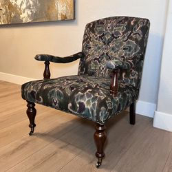 Vintage Design Louis XVI Style Oversized Green Armchair w/ Caster Wheels and Nailhead Pins