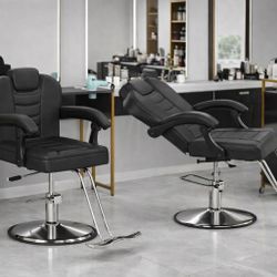 Set Of 2 Black Heavy Duty Steel Framed Barber / Salon Chair w/ Hydraulic Pump (400 lb Load) [NEW] **Retails for $620