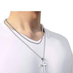 2Pcs Stainless Steel Cross Pendant Necklace for Men or Women ︱Silvery White Black Gold Cross Pendant Necklace