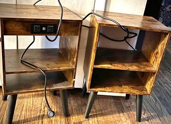 Set of 2 Rustic Nightstands with Built-In Charging Station