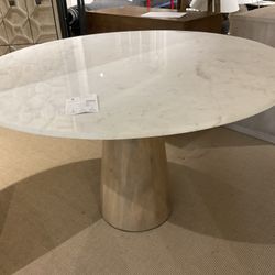 Mercana Brown Round Farmhouse Marble Dining Table, with Metal Pedestal Base 48-in 