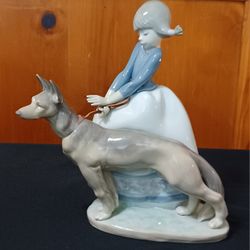 Retired LLADRO 1533 Not So Fast Girl with German Shepherd Dog On Leather Leash 