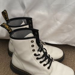 White Dr. Marten AirWair patent leather rubber bouncing sole lace up ankle boots