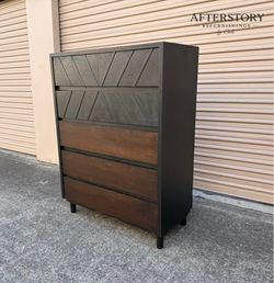 Mid-Century Modern Vintage Solid Wood Dark 5-Drawer Tallboy Dresser