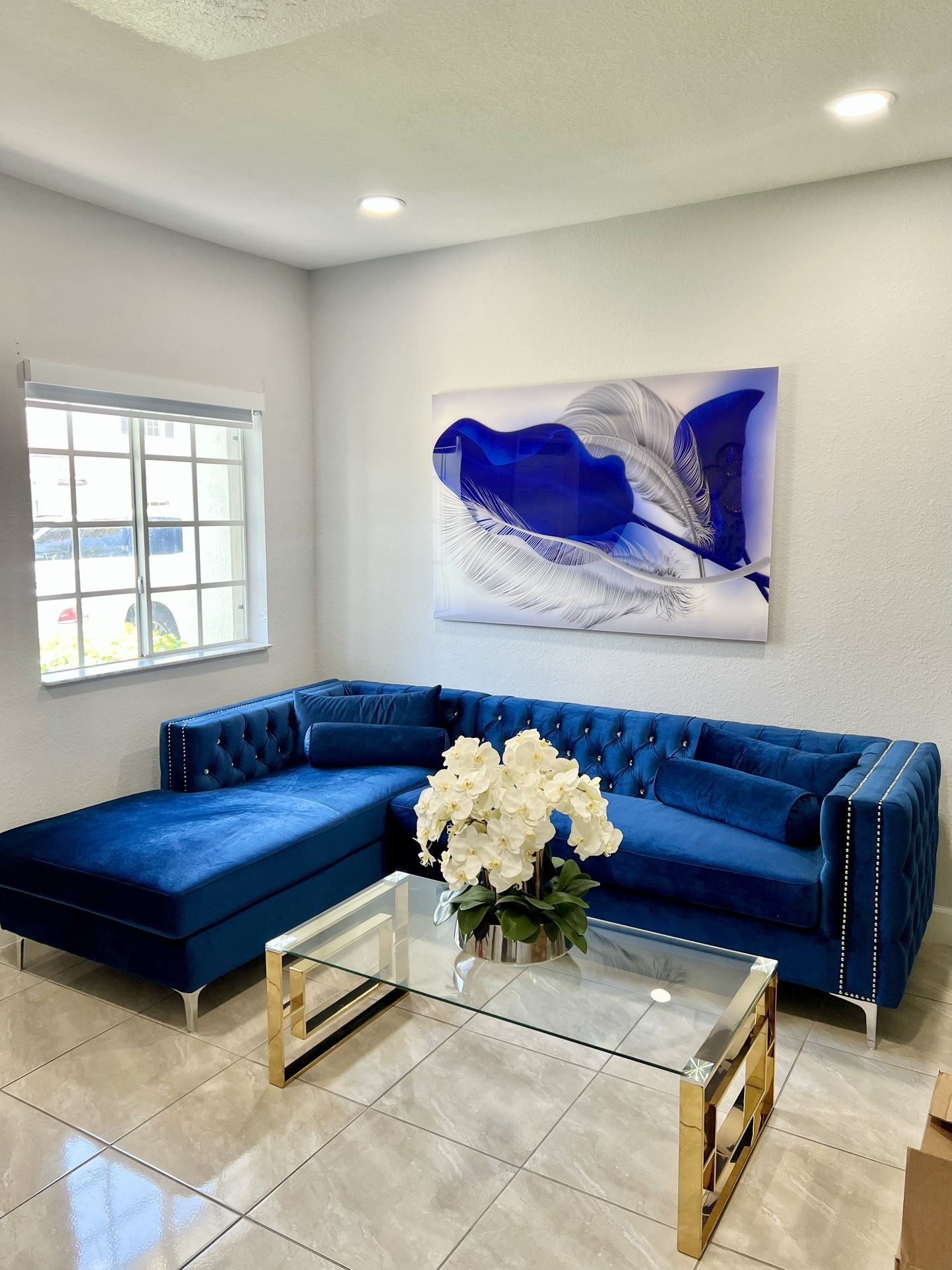 Blue Velvet Sectional Sofa With Chase And Pillows