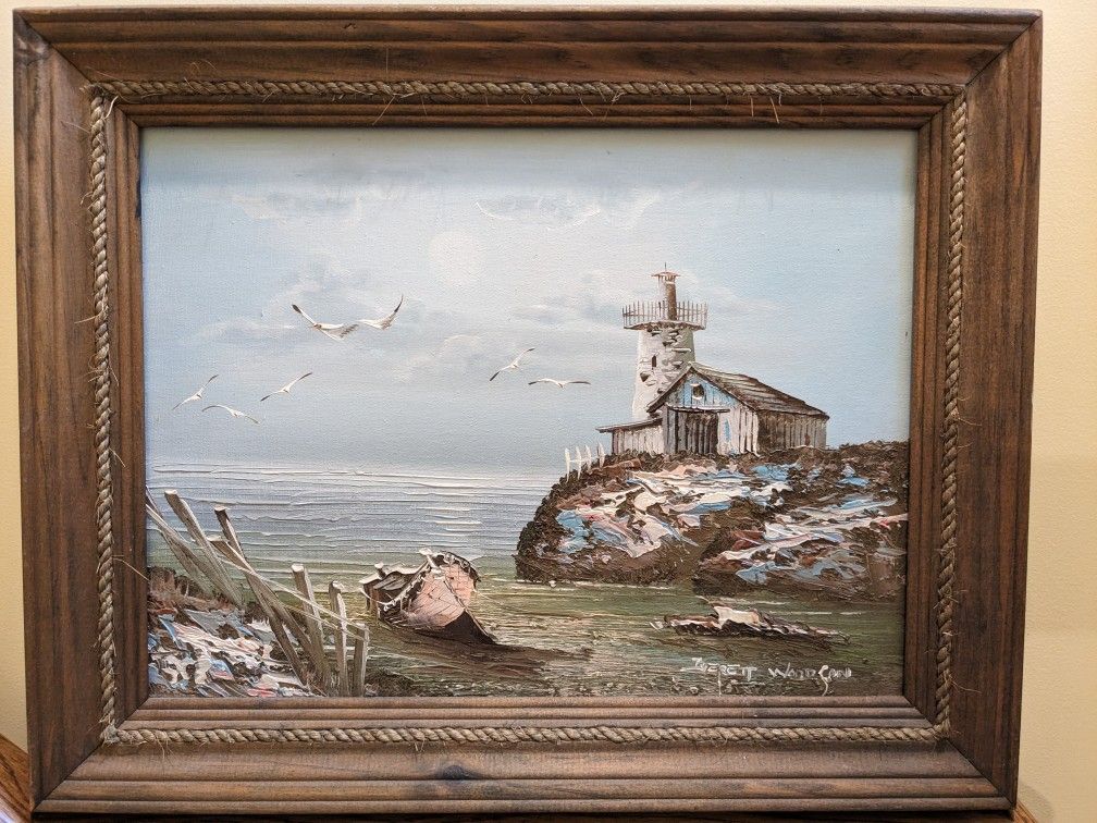 Art Everett Woodson, Oil Painting On Canvas Lighthouse