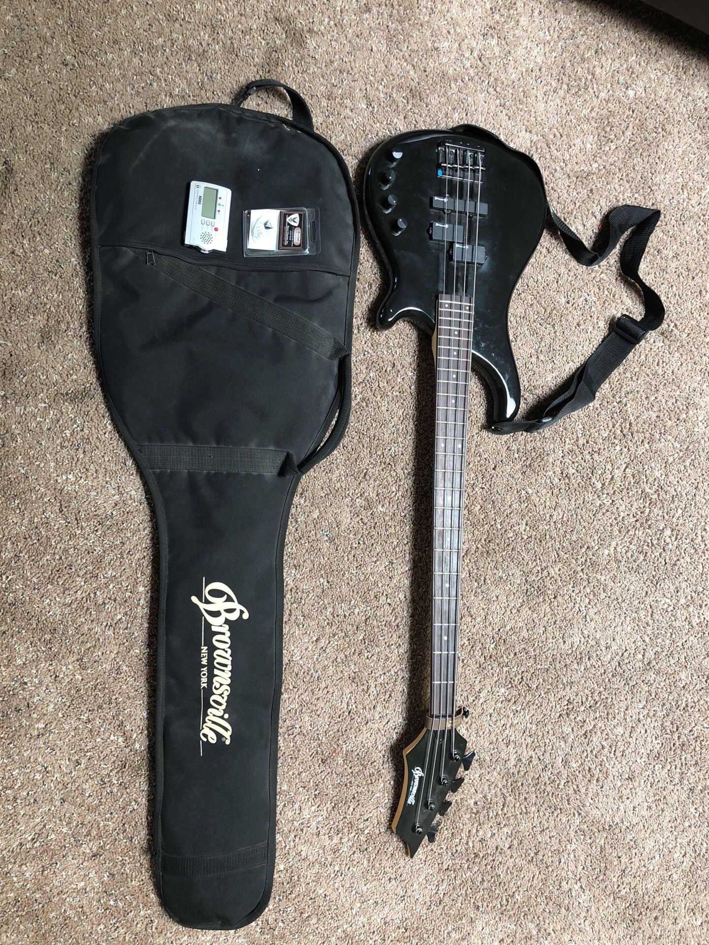 BROWNSVILLE BASS GUITAR, GR-308 BASS AMPLIFIER, KORG GUITAR/ BASS TUNER GA-30, GUITAR PICKS