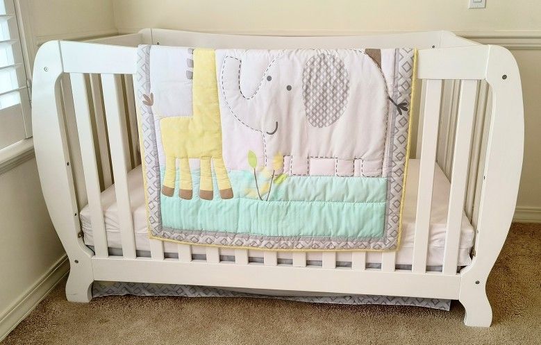 Nursary furniture &decor(gender neutral colors):Wood Crib,quilt,wall art,laundry hamper,toy box,toys