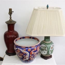 Japanese Porcelain Planter & 2 Chinese Porcelain Vases Converted Lamps