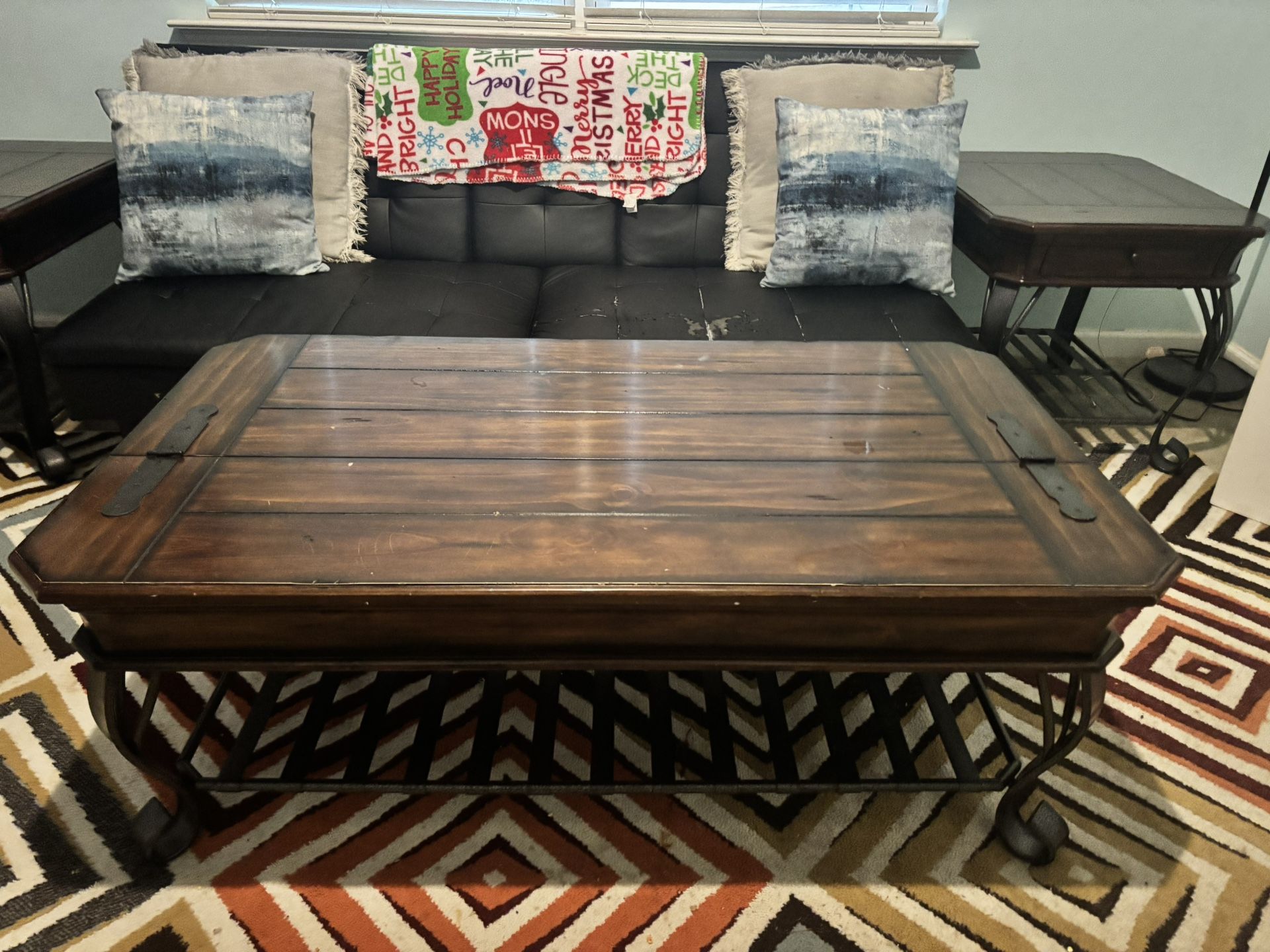 Solid Wood And Rod, Iron Coffee Table, And End Tables With Lots Of Storage