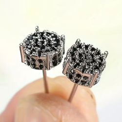 Exquisite Micro Pave 14K White Gold-Plated 3D Black Cubic Zirconia Men Women 7mm Stud Earrings 