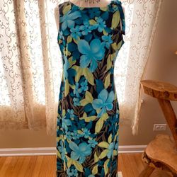 White Stag Floral Sleeveless Maxi Dress Blue Green Print L