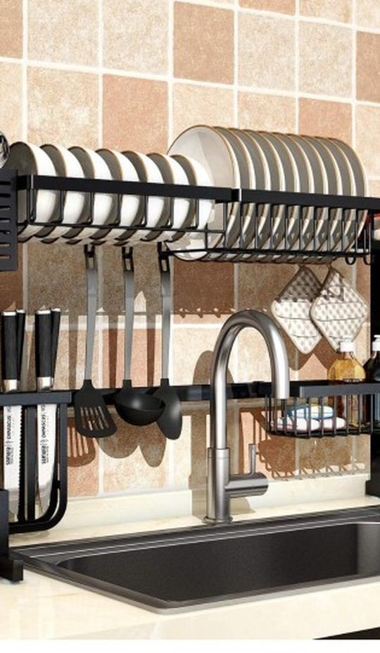 Over Sink(24"-40") Dish Drying Rack, 2 Cutlery Holders Drainer Shelf for Kitchen Supplies Storage Counter Organizer Stainless Steel Display- Kitchen S