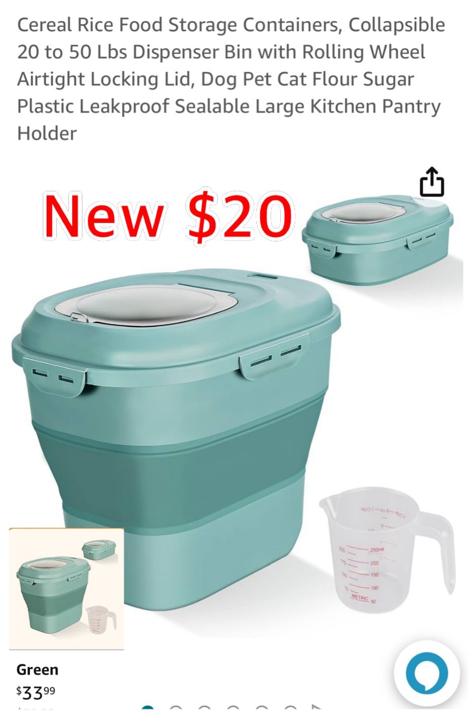 New Food Storage Containers, Collapsible 20 to 50 Lbs Dispenser Bin with Rolling Wheel Airtight Locking Lid$20